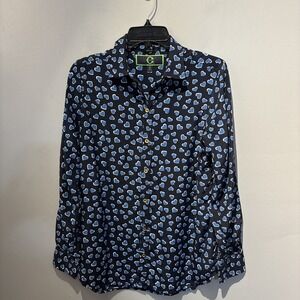 C WONDER Silk Navy Blue Hearts Long Sleeves Button Front Women's Size S